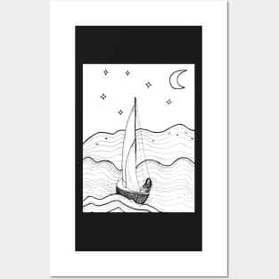 Sailboat on a Wild Ocean whimsical line drawing Posters and Art